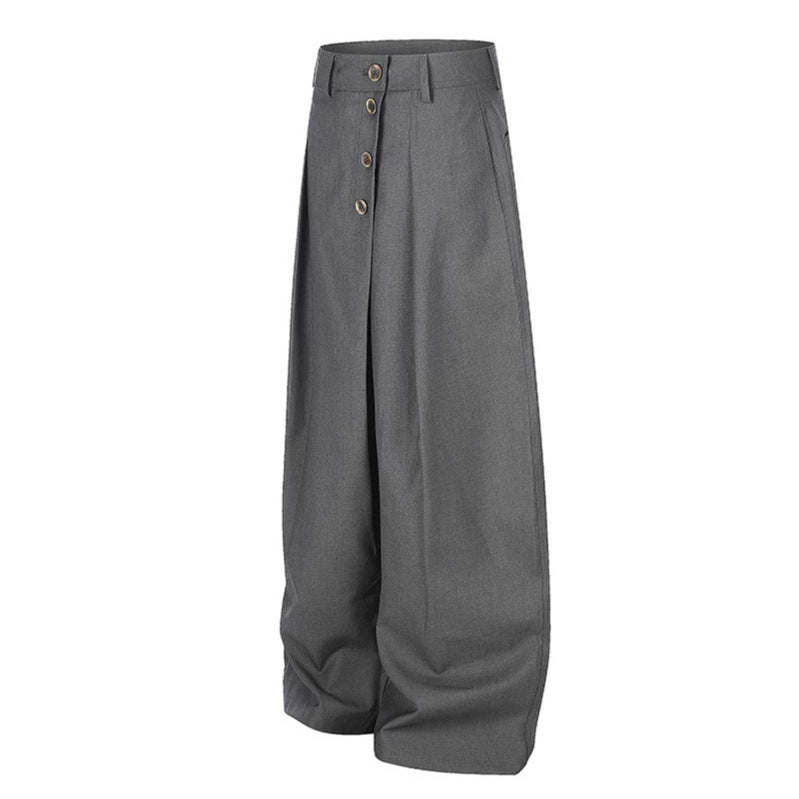 Women's Wide Palazzo Pants with High Waist, Pleats and Asymmetrical Button Placket Chichicherry