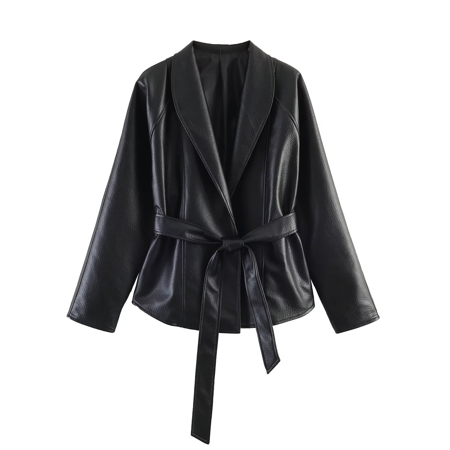 Ladies short jacket made of grain leather with shawl collar and tie belt Chichicherry