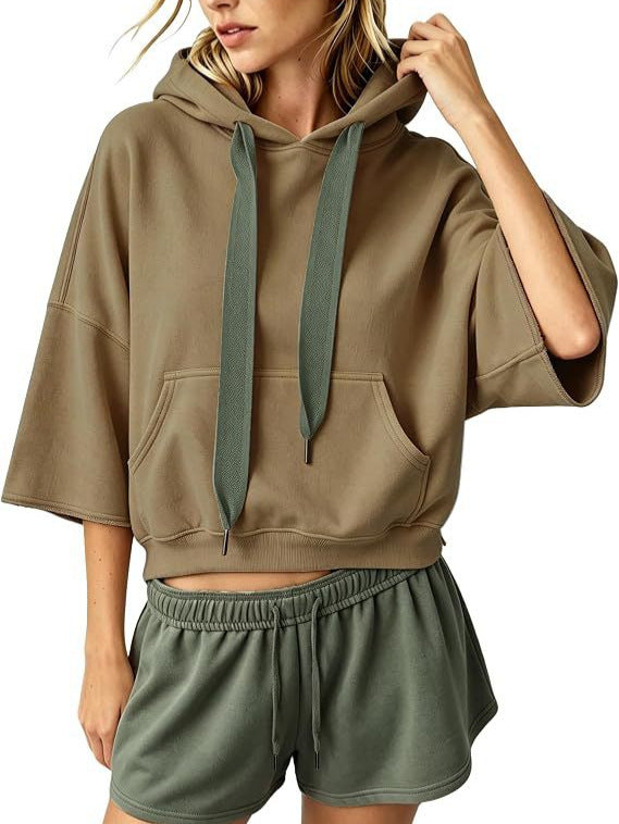 Women's Cropped Hoodie with 3/4 Sleeves and Kangaroo Pocket Chichicherry