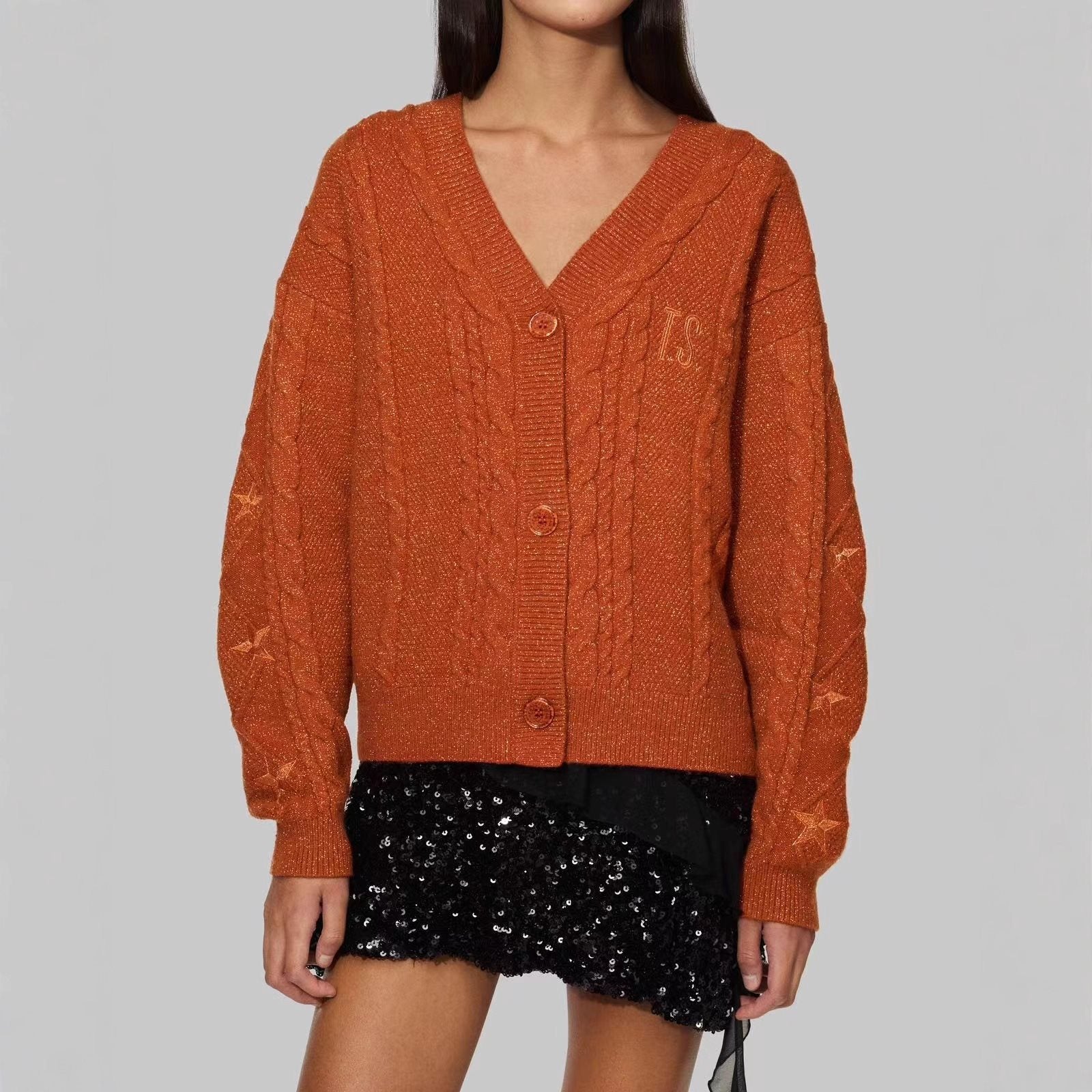 Women's knit cardigan with cable knit, star embroidery, and shiny threads Chichicherry