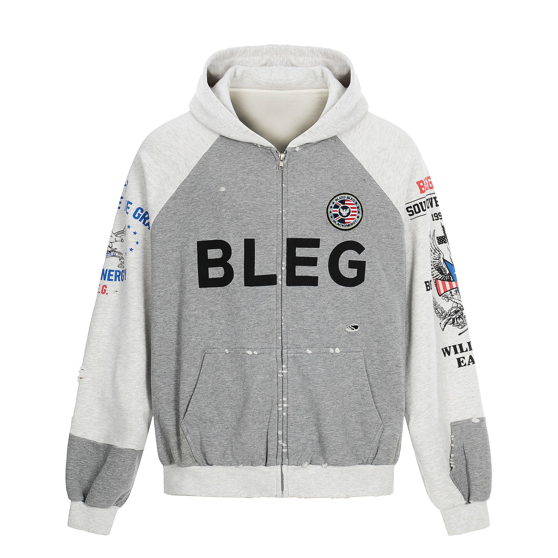 Men's Zip Hoodie in Vintage College Look with Raglan Sleeves and Distressed Details Chichicherry