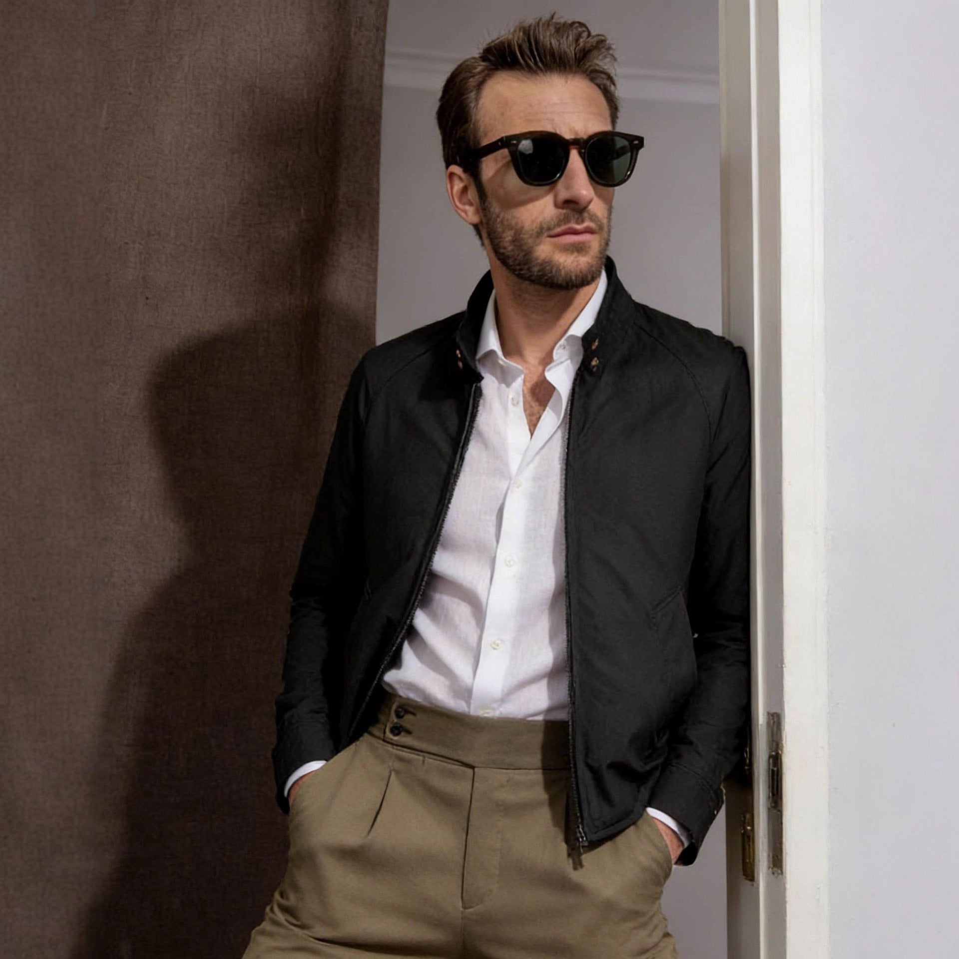 Men's Lightweight Bomber Jacket with Cord Collar and Zipper Chichicherry