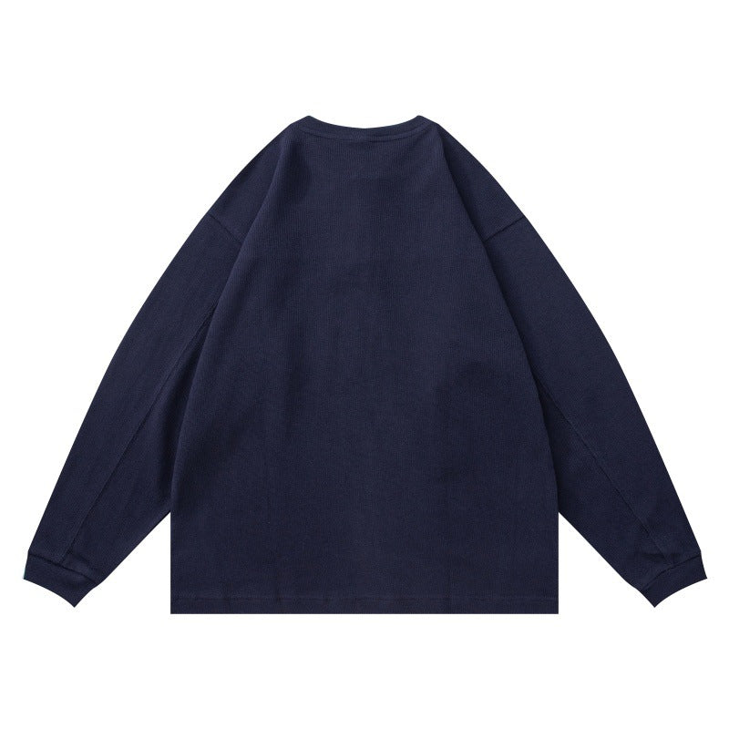 Unisex Structured Henley Long Sleeve with Waffle Texture, Half Button Placket and Dropped Shoulder Chichicherry