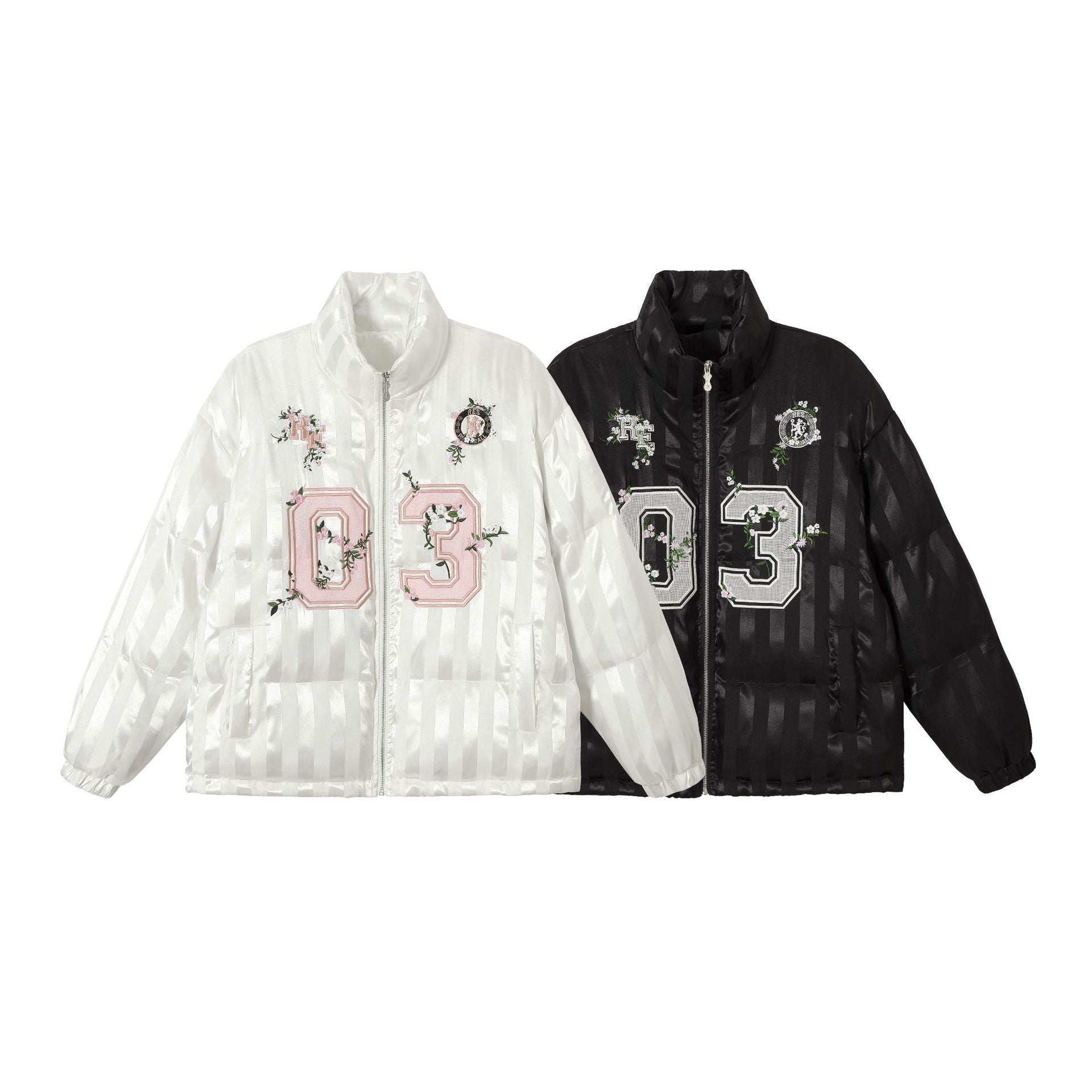 Women's Boxy Quilted Satin Puffer Jacket with Floral Embroidery Detail Chichicherry