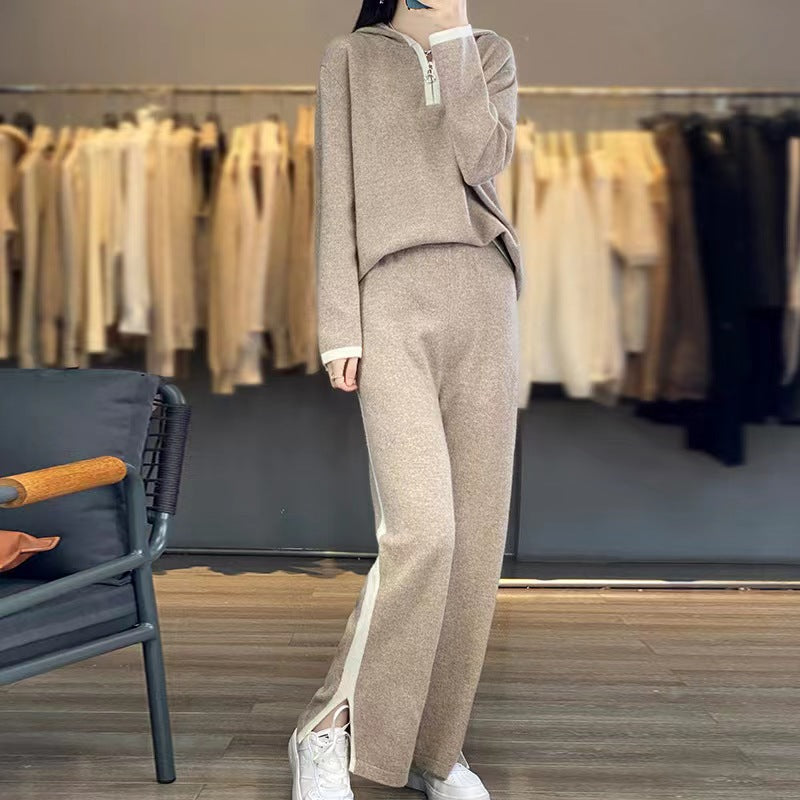 Women’s knit relax set with hood, wide leg, and side contrast stripe Chichicherry