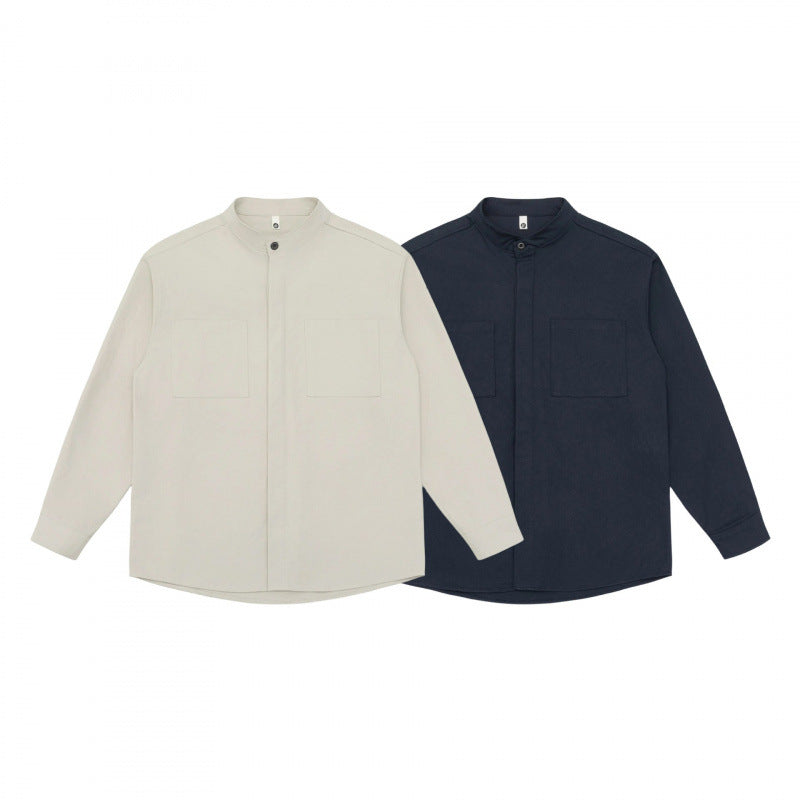 Unisex Oversized Shirt Jacket with Stand-up Collar, Concealed Button Placket and Patch Chest Pockets Chichicherry