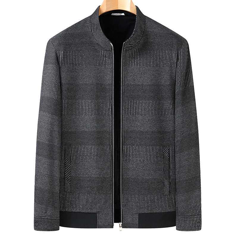 Men's Structured Bomber Jacket with Fine Stripe Texture and Concealed Zipper Chichicherry