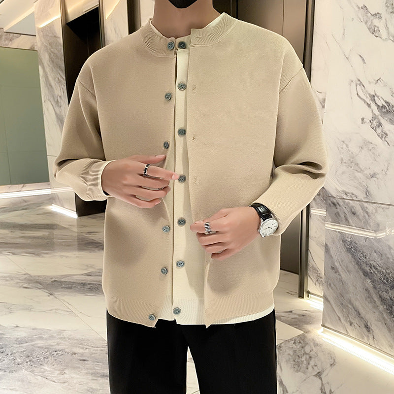 Herren Leichter Feinstrick-Cardigan mit Rundhals, Minimaler Optik und Kontrastknopfleiste Chichicherry