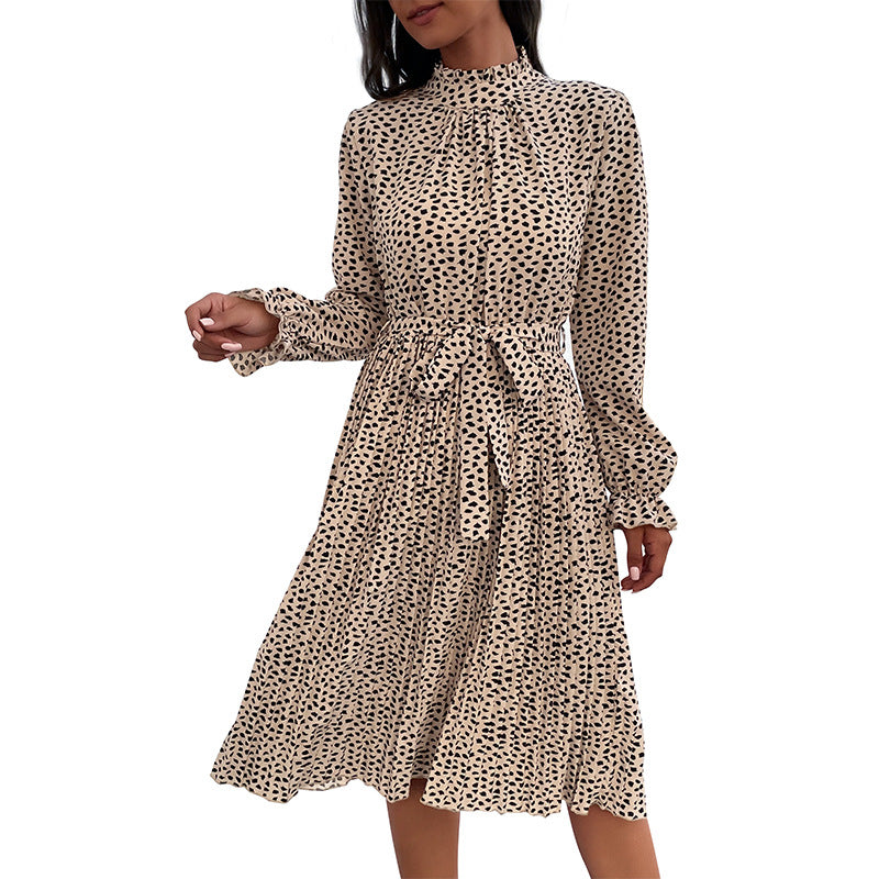 Women's midi dress with stand-up collar, gathered yoke and tie belt Chichicherry
