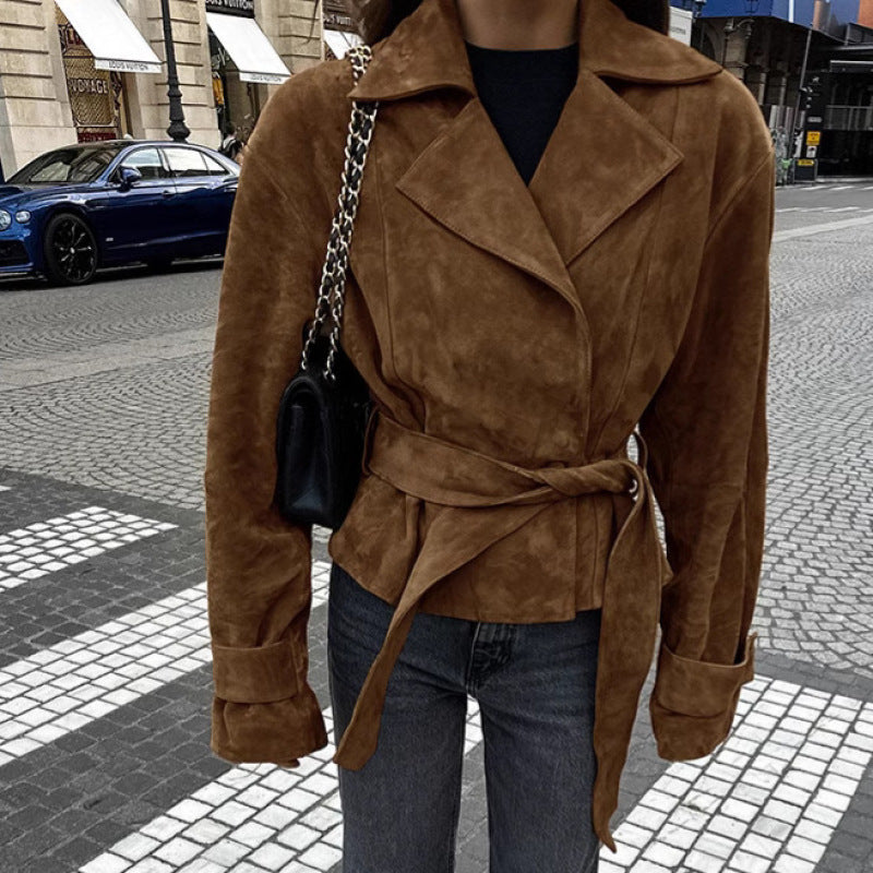 Women's Tailored Suede-Look Short Jacket with Wrap Belt and Long Cuffs Chichicherry