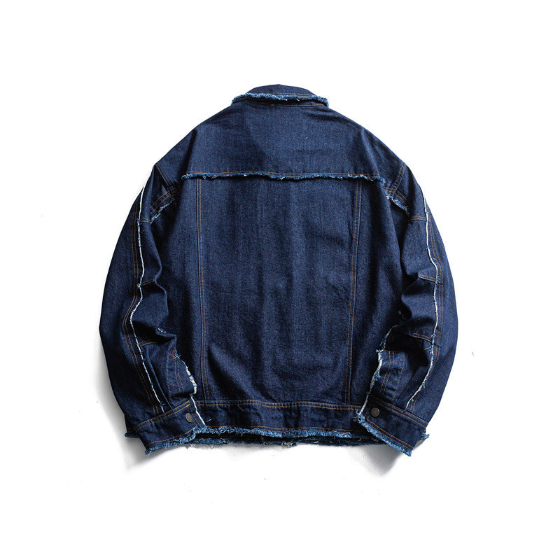 Men's Oversized Jeans Jacket with Frayed Edges and Large Flap Pockets Chichicherry