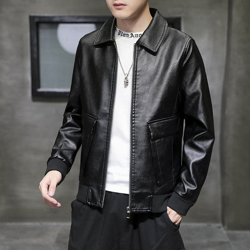 Men's Urban Faux Leather Flight Jacket with Flap Pockets and Ribbed Hem Chichicherry