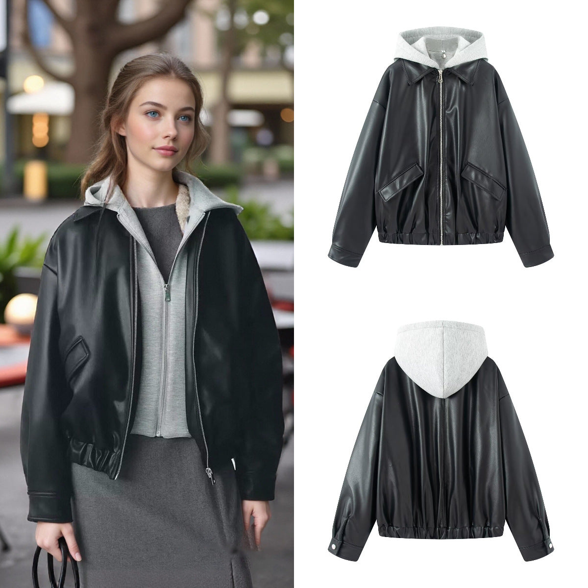 Women Oversize Faux Leather Blouson with Hood Insert and Flap Pockets Chichicherry