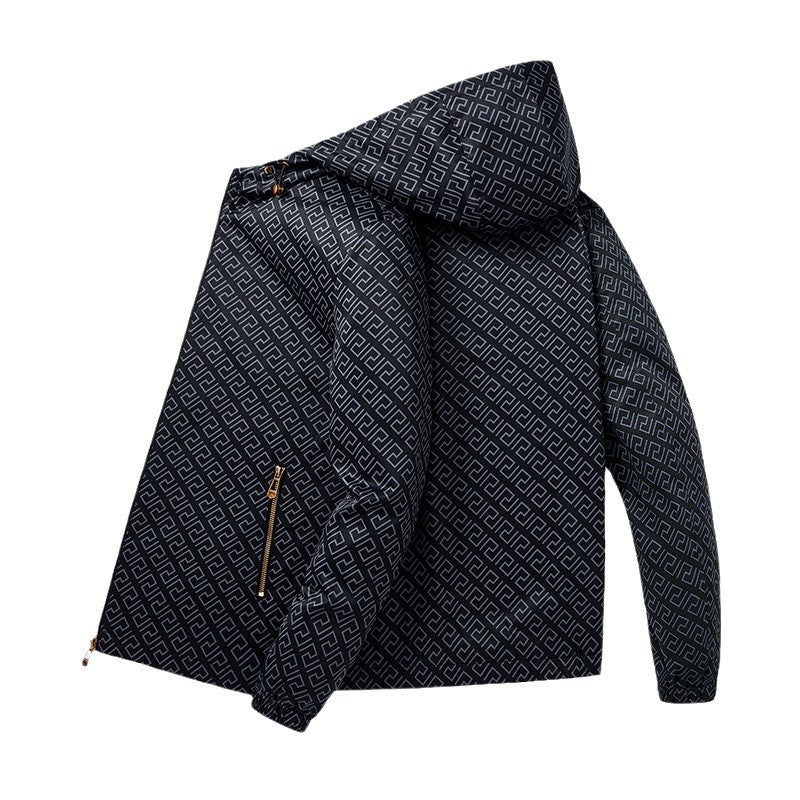Men's Lightweight Hooded Pattern Jacket made of Microfiber with Urban Geometry Print Chichicherry