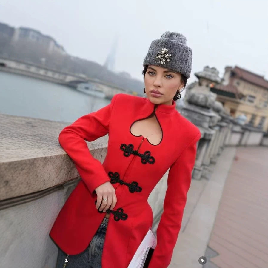 Women's Fitted Short Coat with Stand-up Collar, Heart-shaped Neckline and Decorative Cord Closures Chichicherry