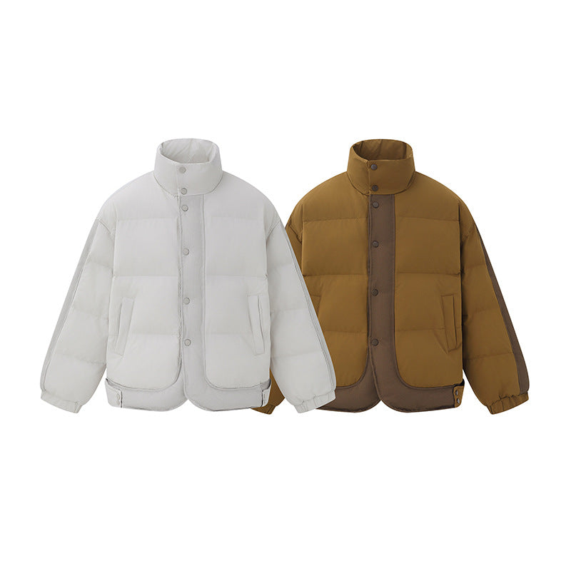 Unisex Short Cut Boxy Quilted Jacket with High Stand-Up Collar and Snap Button Placket Chichicherry