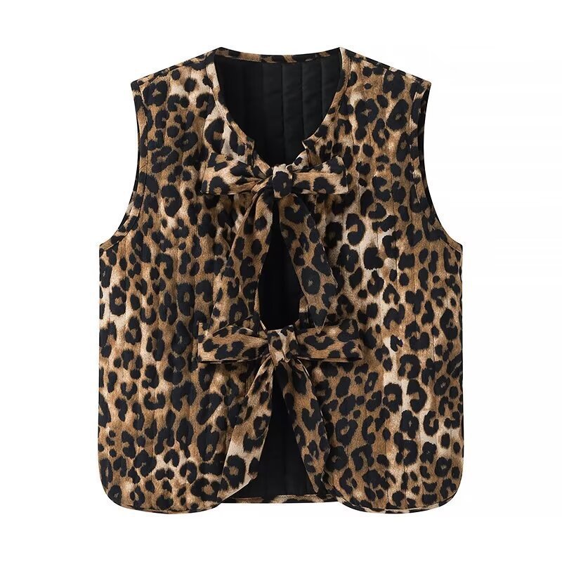 Women Sleeveless Leopard Print Vest with Ties and Textured Surface Chichicherry
