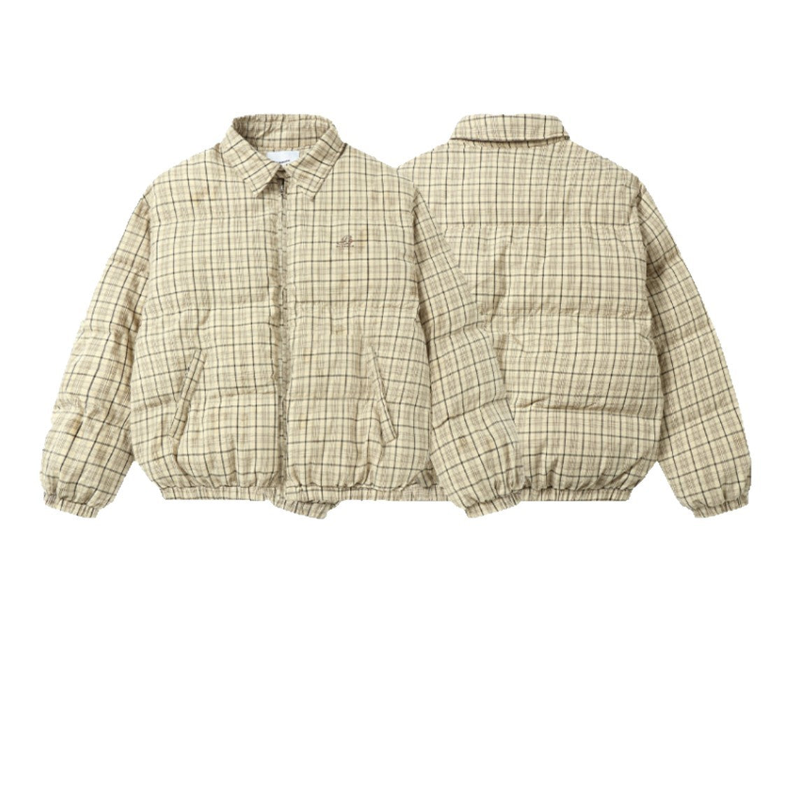 Unisex Short Cut Checked Padded Jacket with High Collar and Elastic Hem Chichicherry