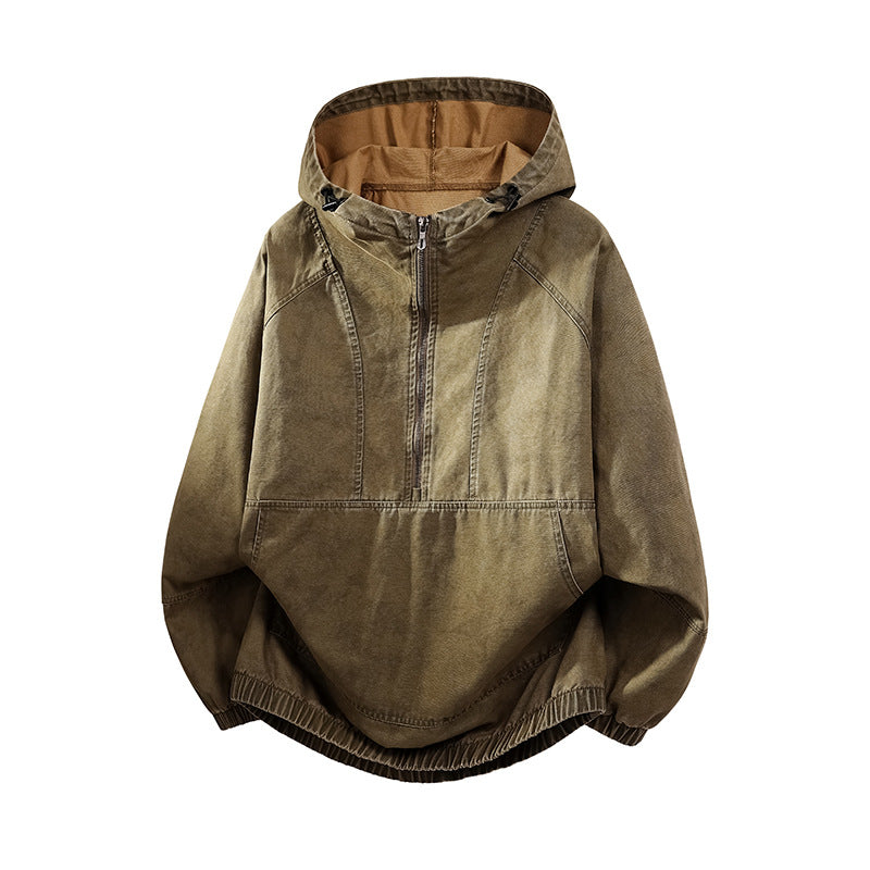 Men's Oversize Canvas Half-Zip Hoodie Anorak with Kangaroo Pocket and Elastic Hem Chichicherry
