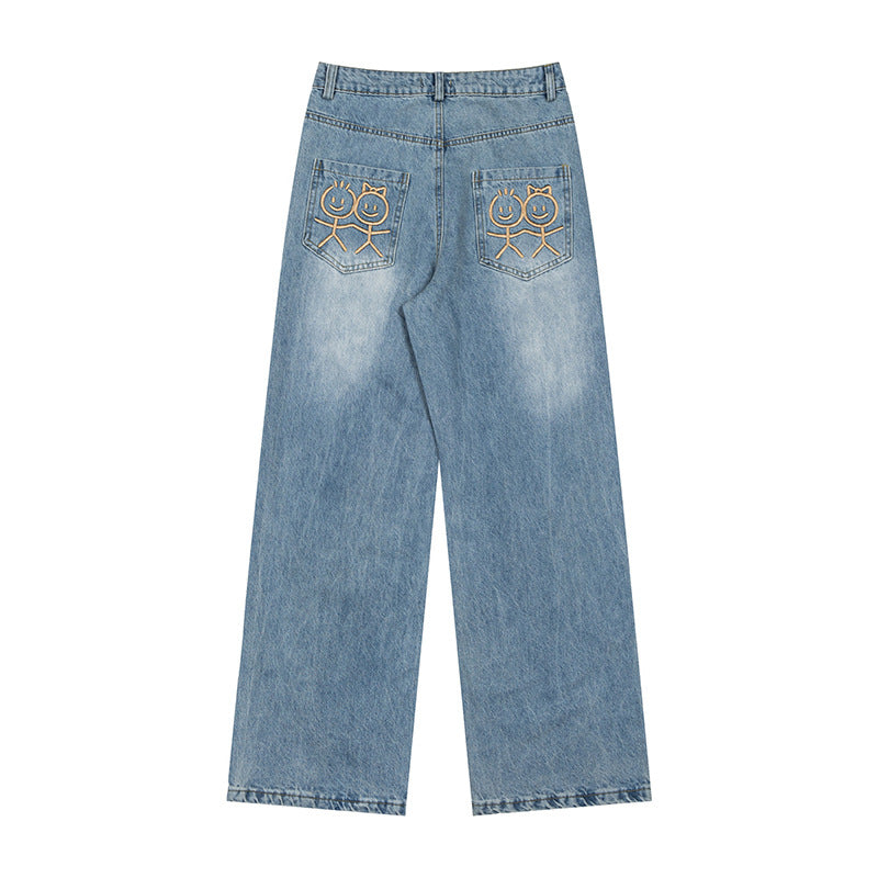 Women's wide high-waist jeans with straight, wide legs and embroidery on back pockets Chichicherry