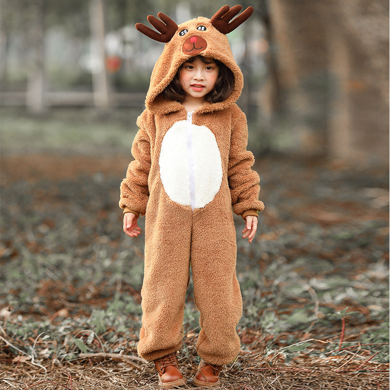 Girls Plush Reindeer Overall with Hood and Ears Chichicherry