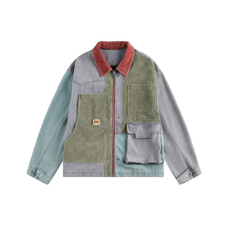 Unisex Boxy‑Patchwork‑Cord Jacket with Contrasting Collar and Multifunction Pockets Chichicherry