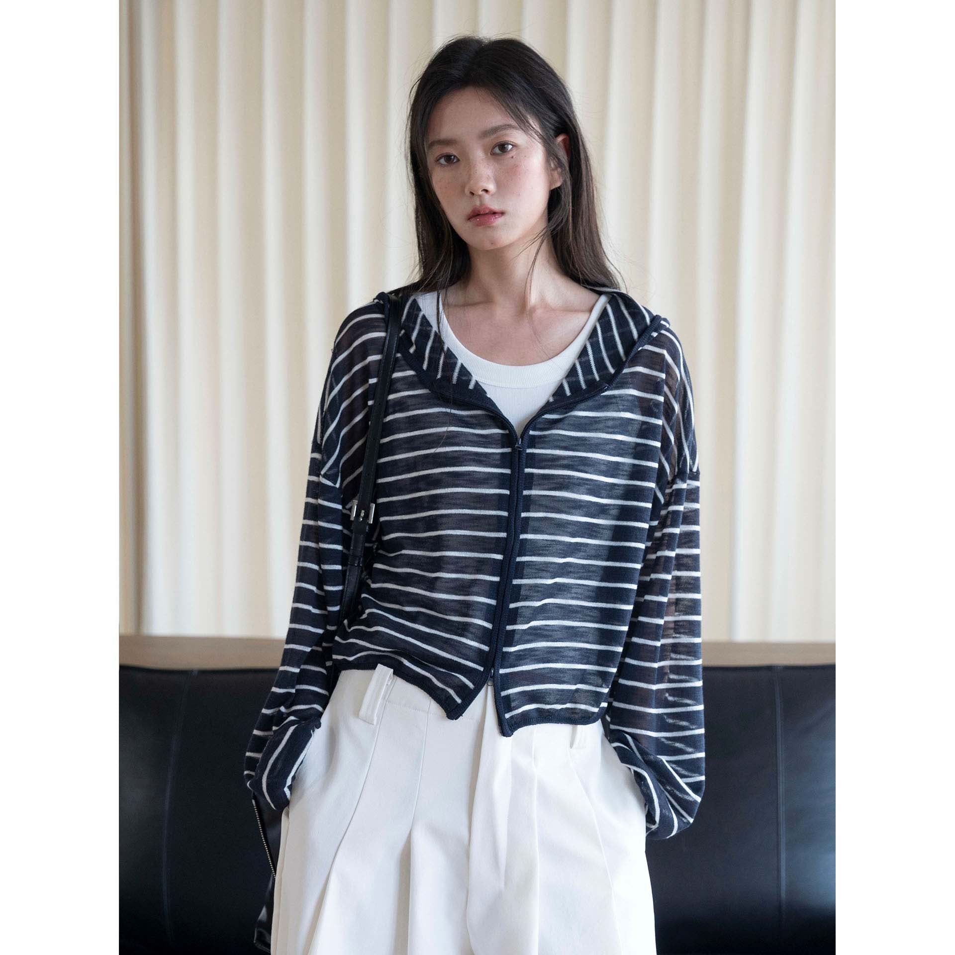 Ladies Striped Lightweight Hoodie Cardigan with Zipper Chichicherry