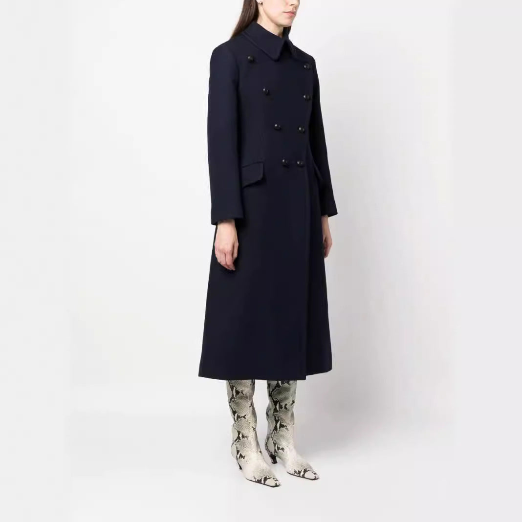 Women Double-breasted A-line Wool Blend Coat with Round Collar and Flap Pockets Chichicherry