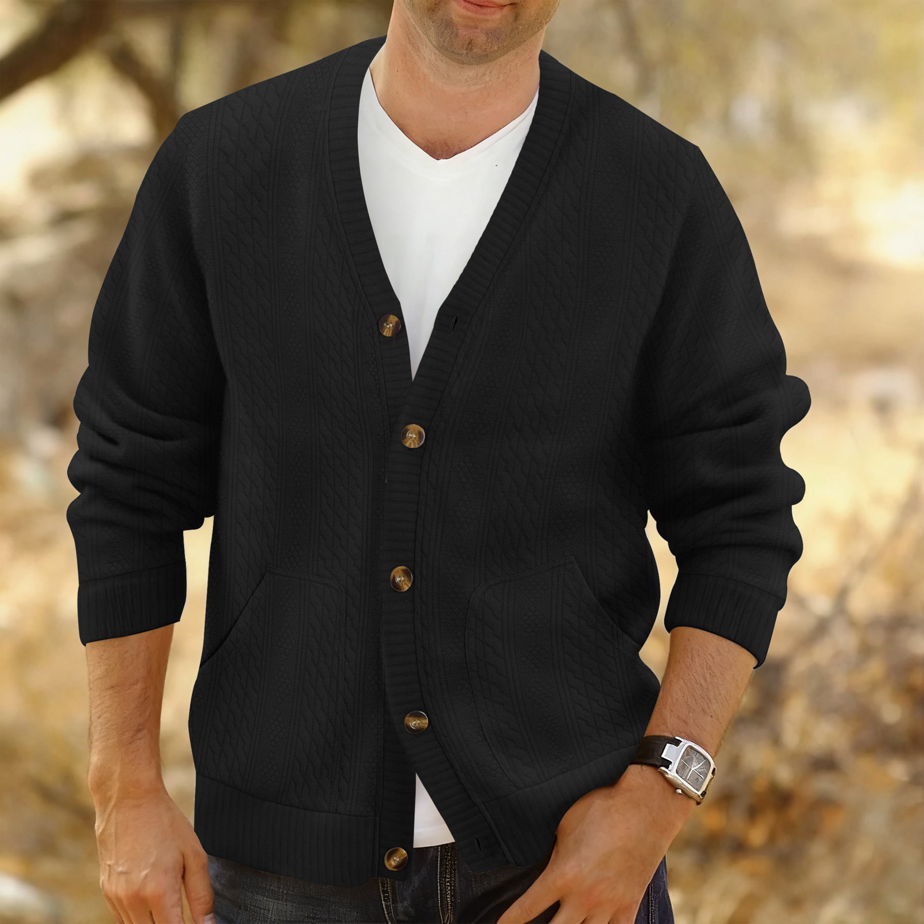 Men's Structured Knit Cardigan with Cable and Waffle Pattern, Button Placket and Patch Pockets Chichicherry
