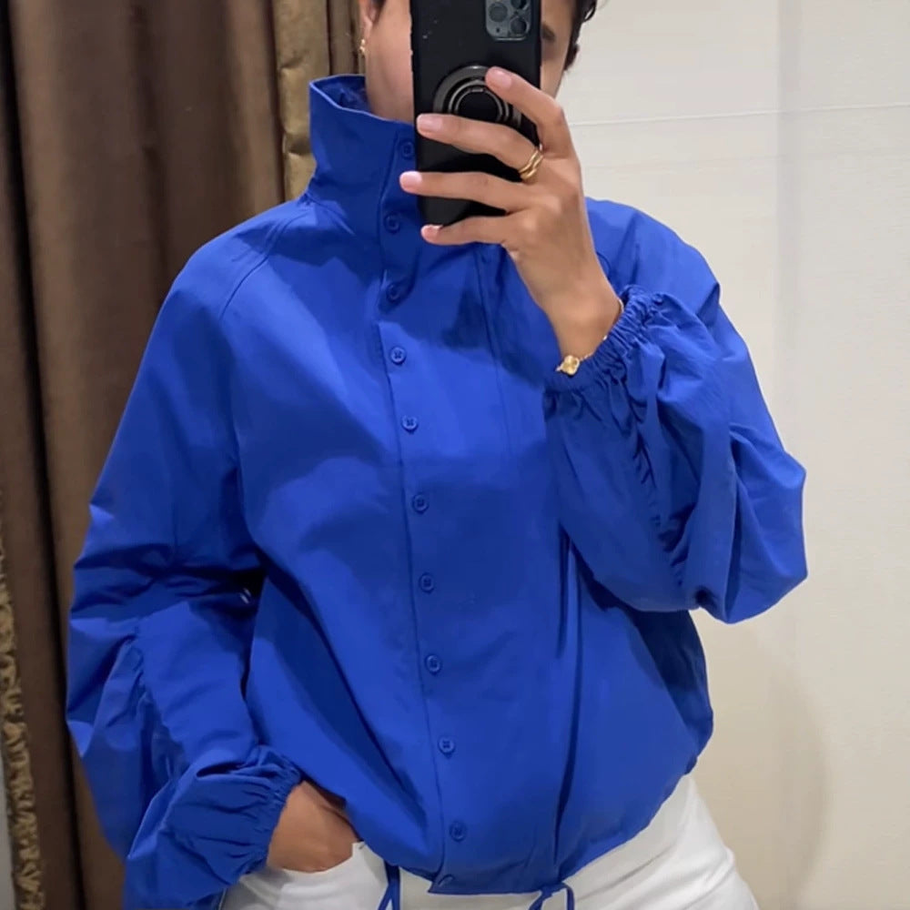 Women's Lightweight Windbreaker with Stand-up Collar, Snap Button Placket and Drawstring Chichicherry