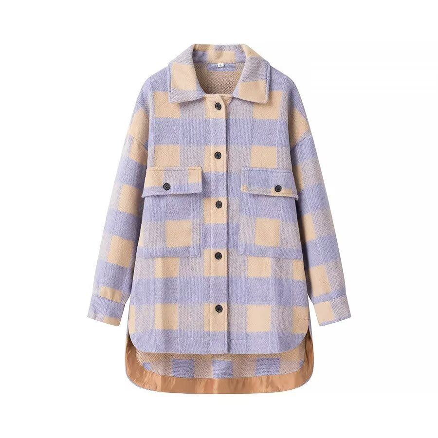 Women's Oversize Check Teddy Jacket with Extended Back and Patch Chest Pockets Chichicherry