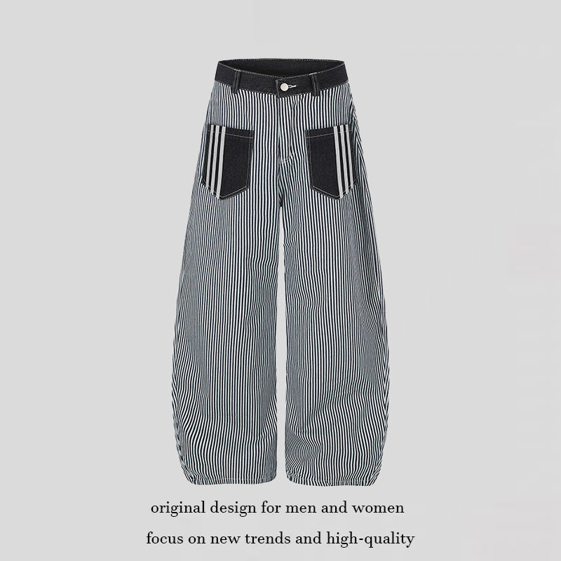 Women Wide Striped Palazzo Culotte with High Waist, Belt Loops and Applied Contrast Pockets Chichicherry