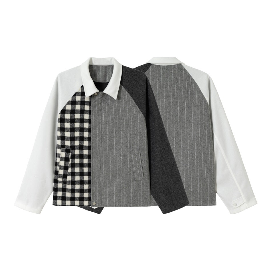 Unisex Classically tailored patchwork blouson jacket made of wool blend with shirt collar Chichicherry