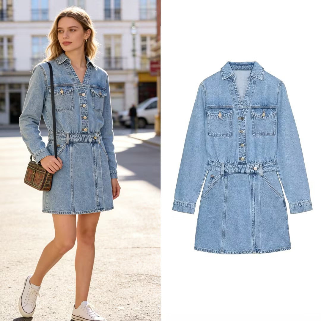 Women's Tailored Jeans Mini Dress with Shirt Collar, Patch Chest Pockets and Decorative Button Placket Chichicherry