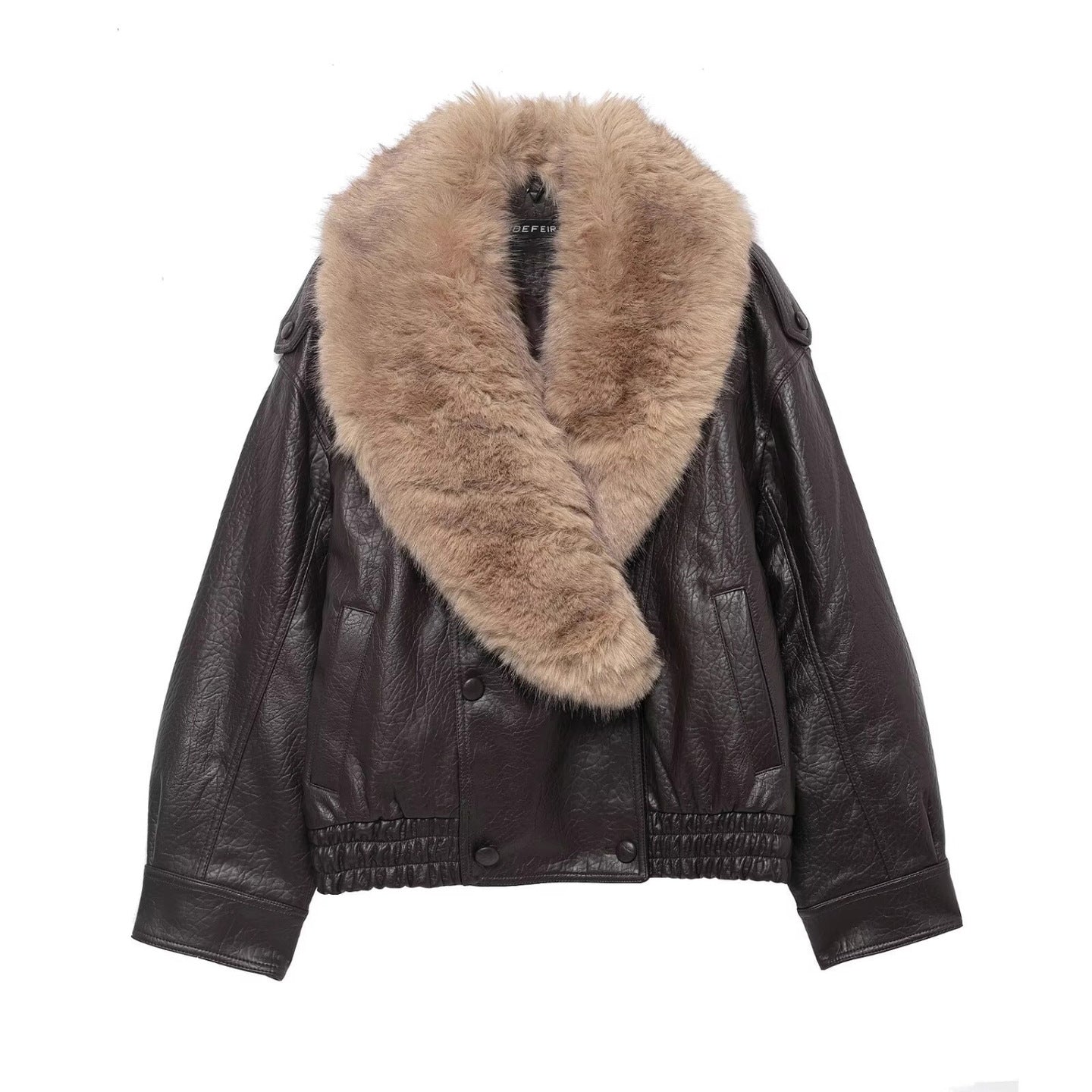 Women short-cut leather imitation bomber jacket with voluminous fur collar Chichicherry
