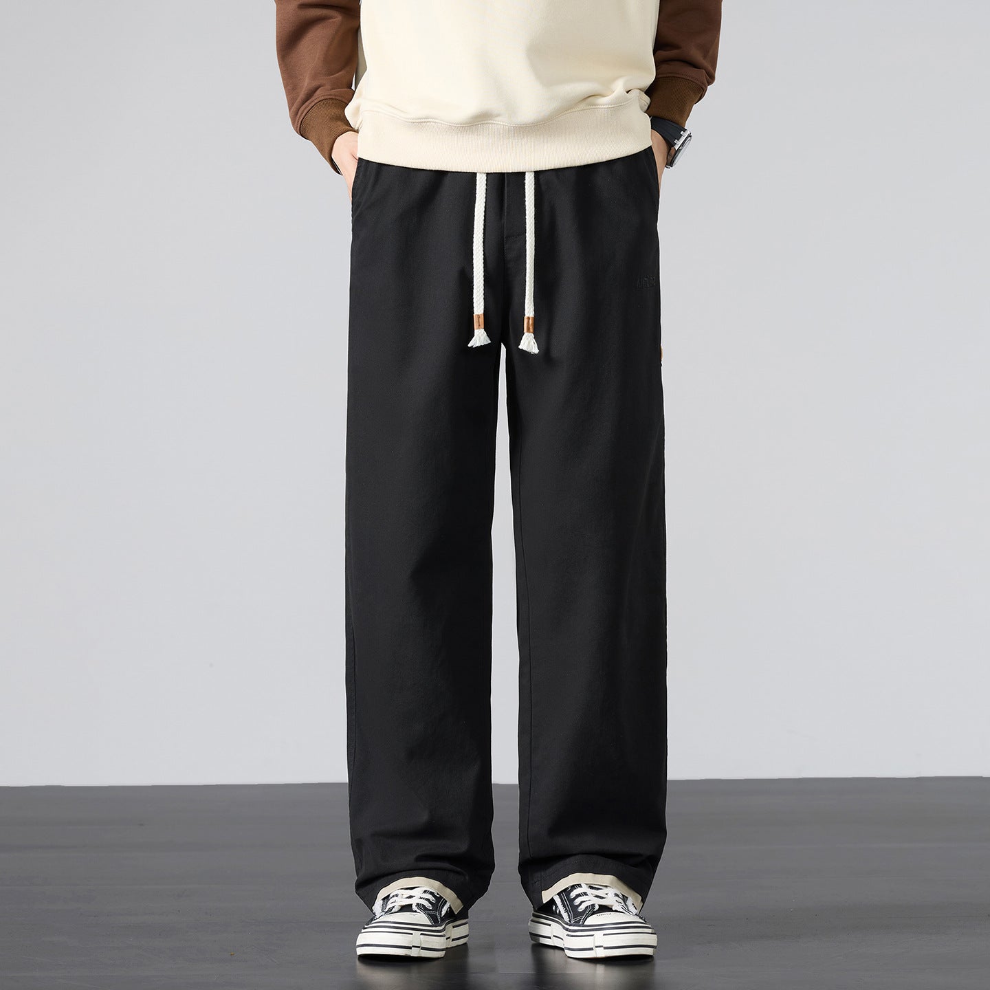 Men's Wide Cotton Canvas Pants in Wide Leg with Drawstring Waist Chichicherry