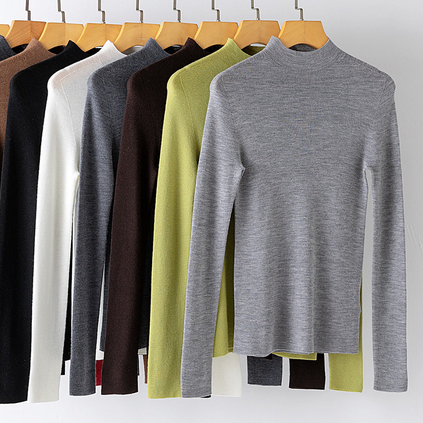 Women Fine Fine Knit Long Sleeve Sweater with Short Stand-Up Collar and Slim-Fit Chichicherry