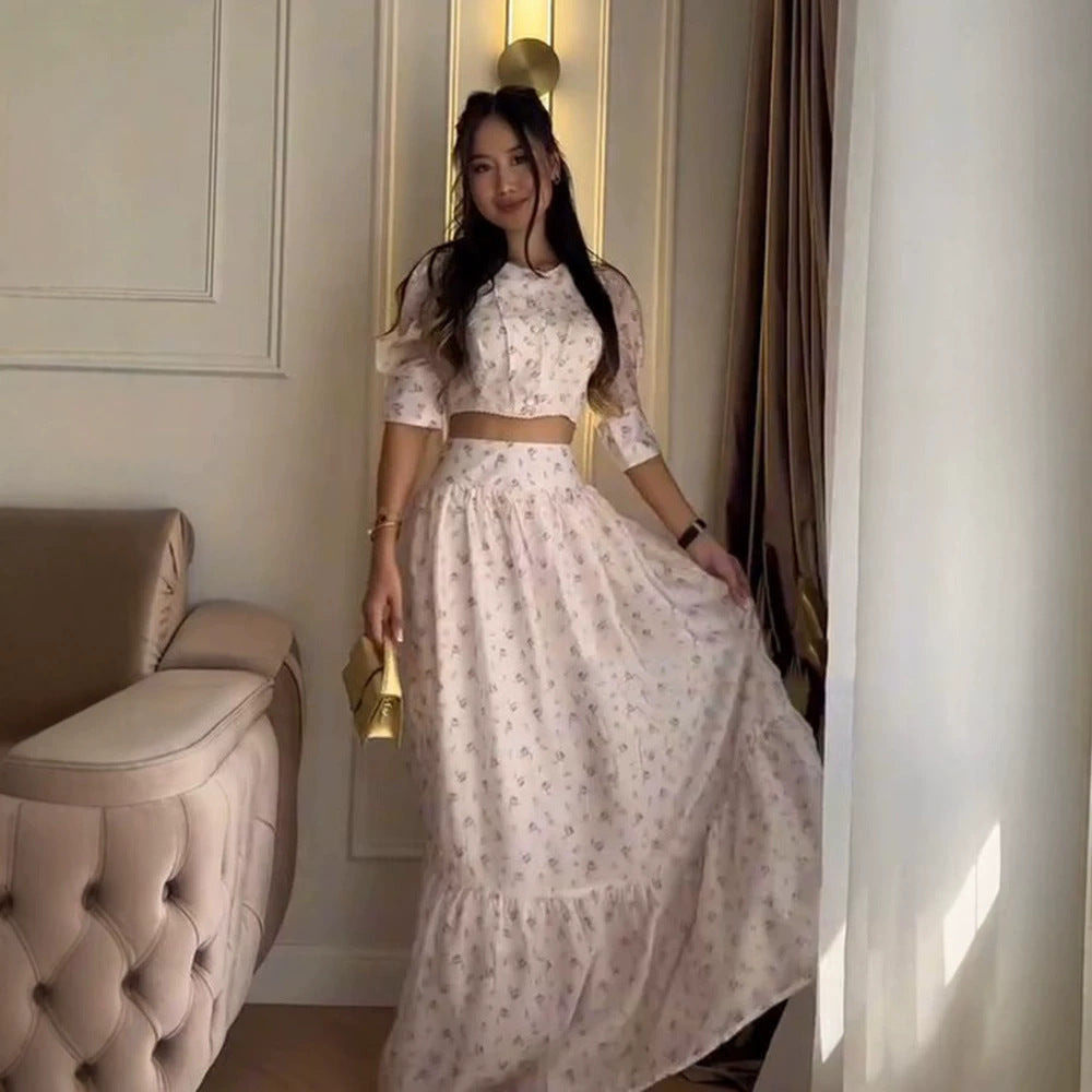 Women's Two-Piece Chiffon Set with Cropped Puff Blouse and Tiered Maxi Skirt Chichicherry