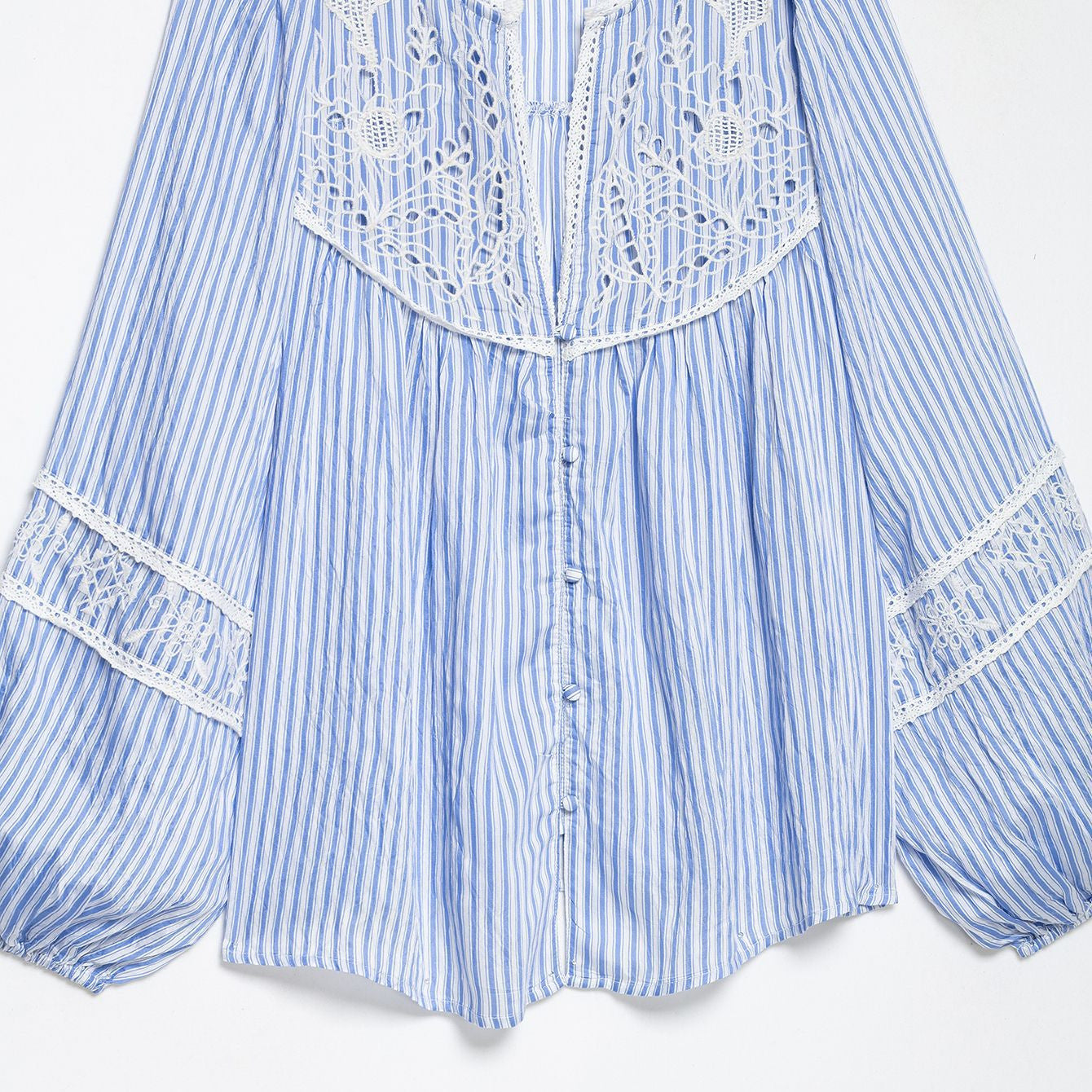 Ladies Striped Blouse with Crochet Lace, Balloon Sleeves and Button Placket Chichicherry