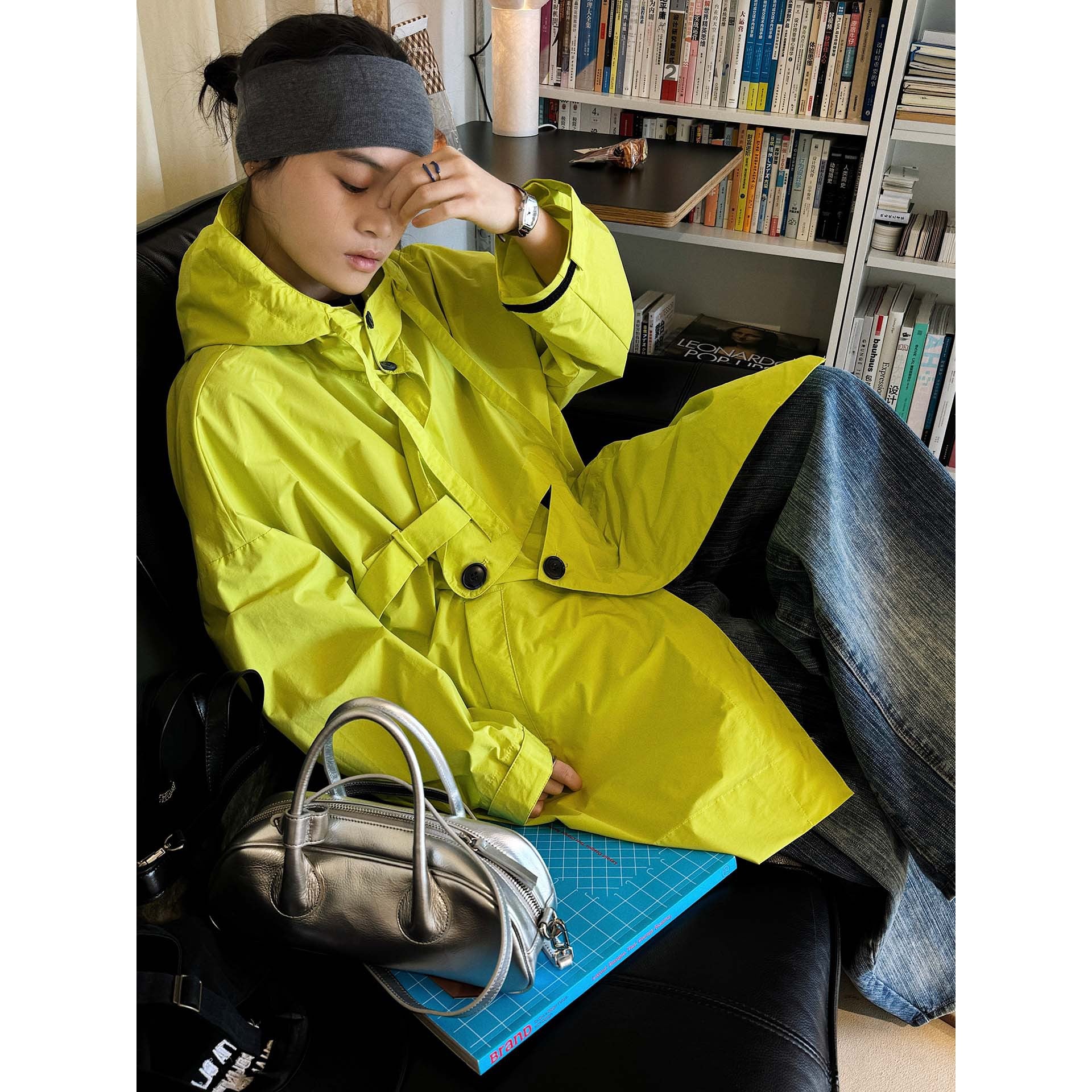 Ladies Oversize Rain Parka with Hood, High Stand Collar and Concealed Button Placket Chichicherry