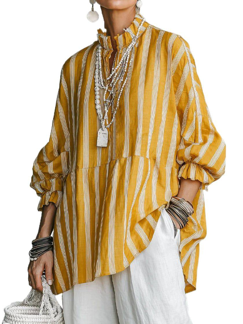 Women Striped Oversized Tunic with Stand-up Collar and Balloon Sleeves Chichicherry