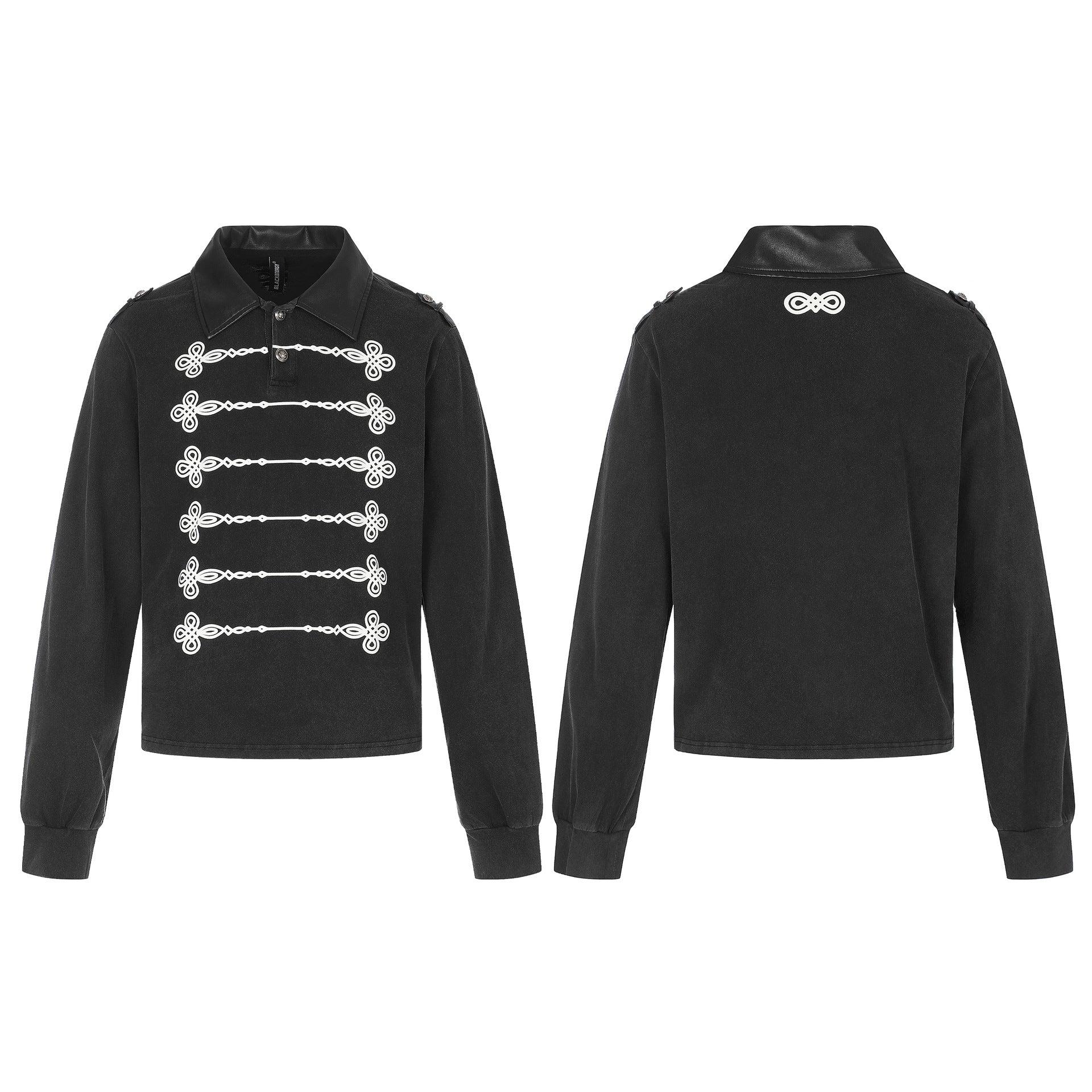 Women's polo sweatshirt in military style with decorative cord prints and leather collar Chichicherry