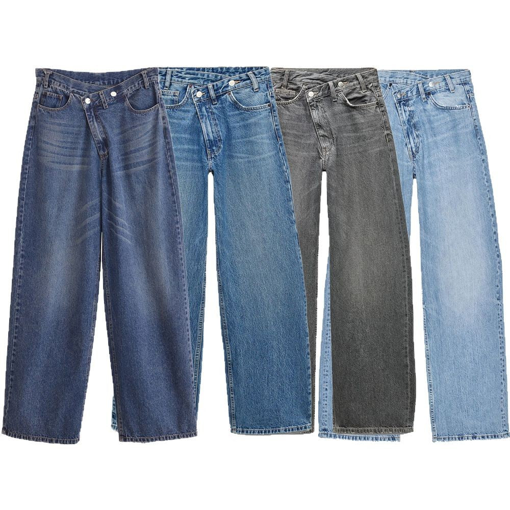 Women's high-waisted wide denim jeans with asymmetric waistband and culotte cut Chichicherry