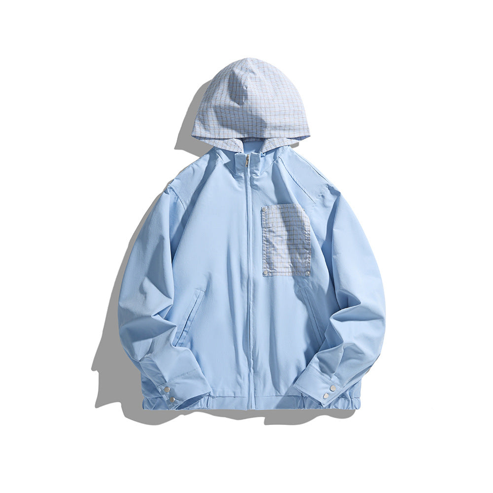 Unisex Light Hooded Transition Jacket with Check Patch Chest Pocket and Elastic Hem Chichicherry