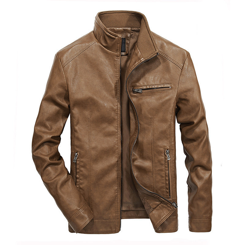 Men's faux leather motorcycle jacket in slim fit with high closing stand-up collar and diagonal chest zipper Chichicherry