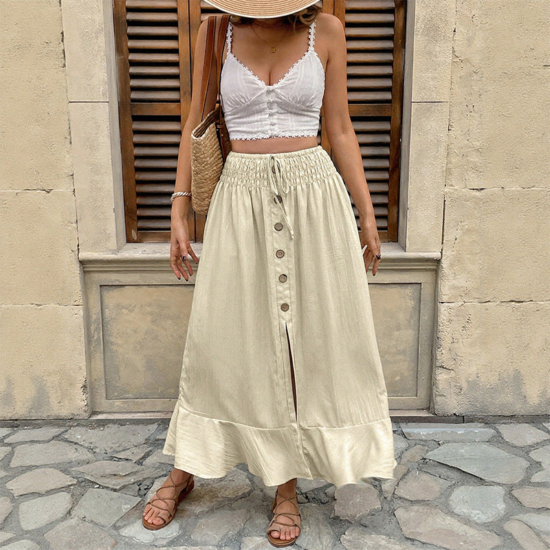 Ladies summer maxi skirt with smocked waistband, full button placket, side slit and ruffles
