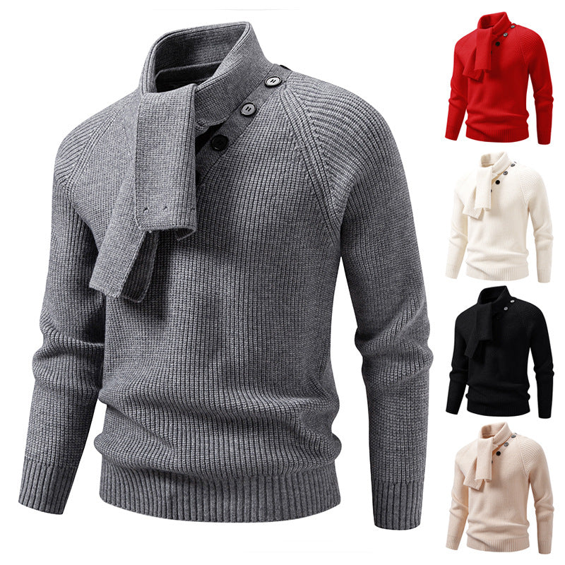 Men's knitted sweater with integrated funnel collar scarf and button detail Chichicherry