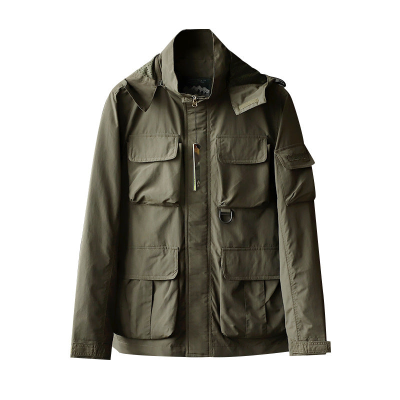 Men's urban field jacket with multiple pockets, wind-resistant surface and concealed hood Chichicherry