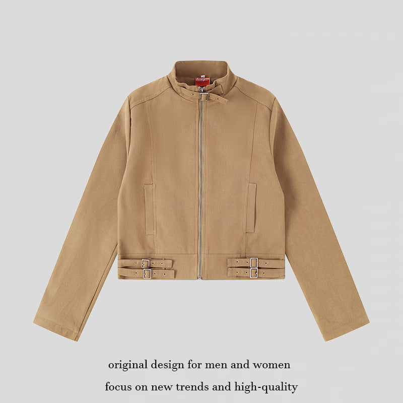 Women's Short Cut Cotton Utility Jacket with Stand-Up Collar Front Zip and Adjustable Waist Straps Chichicherry