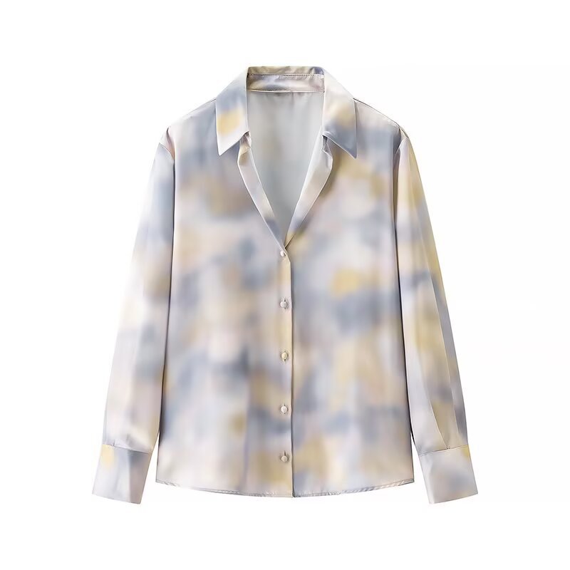 Women's Silky Two-Piece Blouse and Midi Skirt Set with A-Line Skirt and Abstract Watercolor Print Chichicherry
